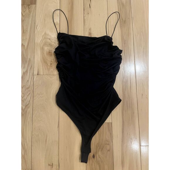 Black Ruched Cowl Neck Bodysuit - Picture 1 of 3